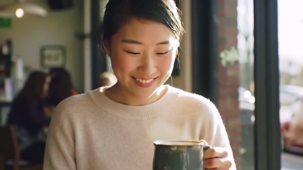 A Joyful Moment: A Young Woman Relishing a Warm Beverage While Enjoying a Cozy Caf? Atmosphere in a Bright and Inviting Space