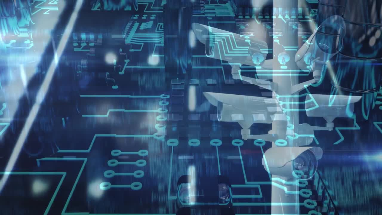 마이크로프로세서로 고속도로를 가로지르는 감시 카메라의 애니메이션