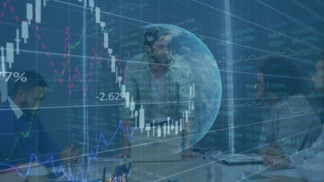 group of four men reviewing financial data on laptop, overlaying holographic globe and stock charts