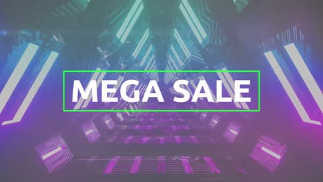 Animation-of-mega-sale-in-white-text-with-pink-crosses-and-green-lines-over-tunnel-of-moving-lights