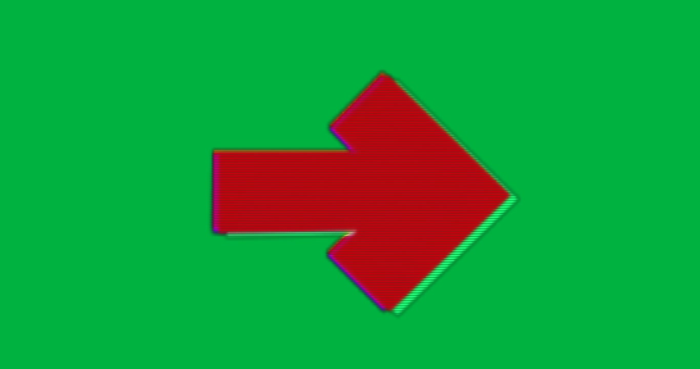 Designer che posiziona una freccia stilizzata rossa su una tela trasparente per uso tecnologico, mostrando un glitch a linee di scansione.