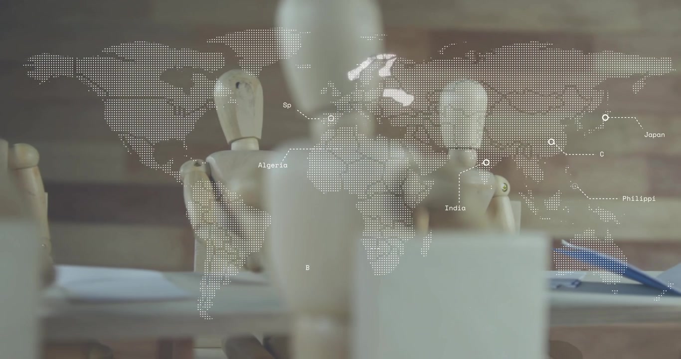 World map fading in over mannequin at desk, highlighting regions in sequence to show global focus
