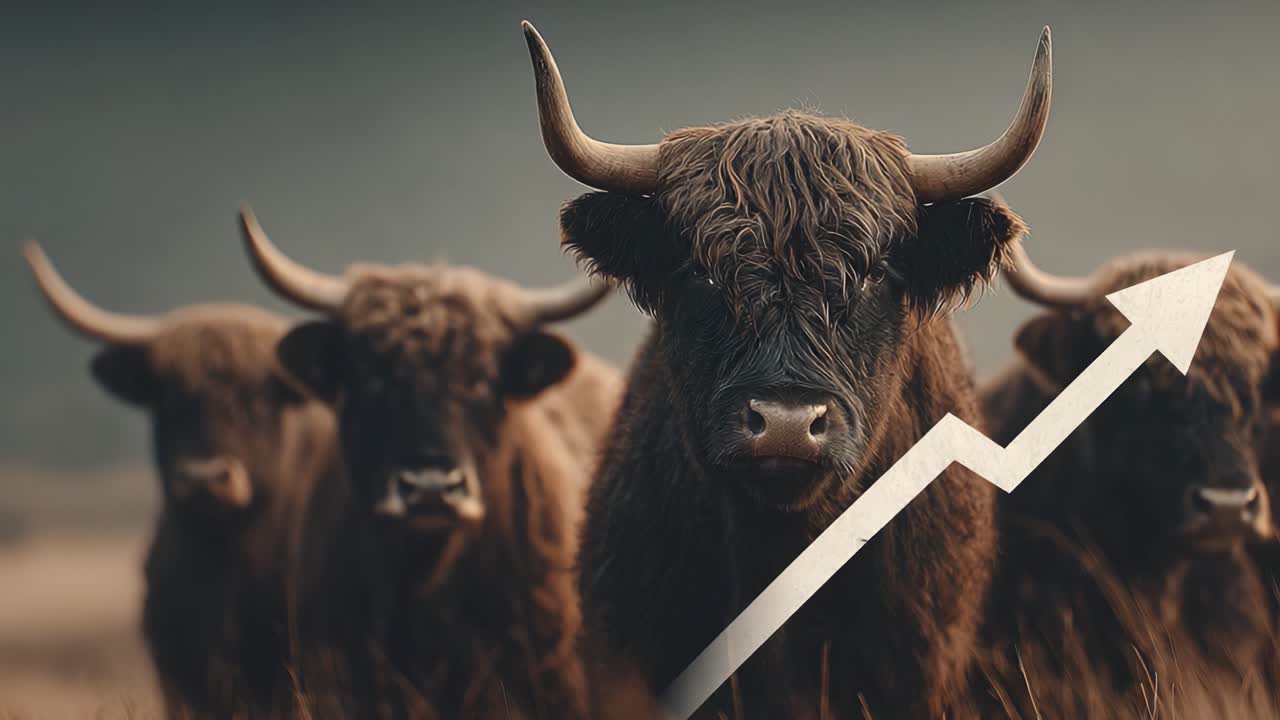 Ein fokussiertes Hochlandrind auf einem Feld mit einem wachstumssymbolisierenden Diagramm, begleitet von weiteren Rindern, das die Majestät der Natur und den wirtschaftlichen Fortschritt einfängt.