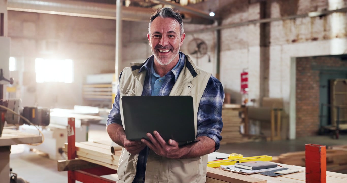 Falegname Sorridente con Laptop in Officina di Falegnameria