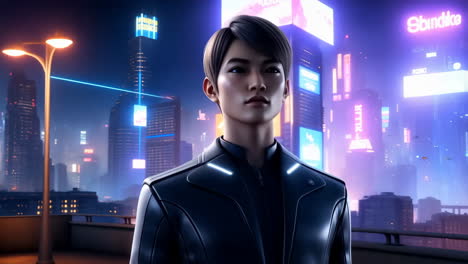 cyberpunk character in a neon-lit futuristic city