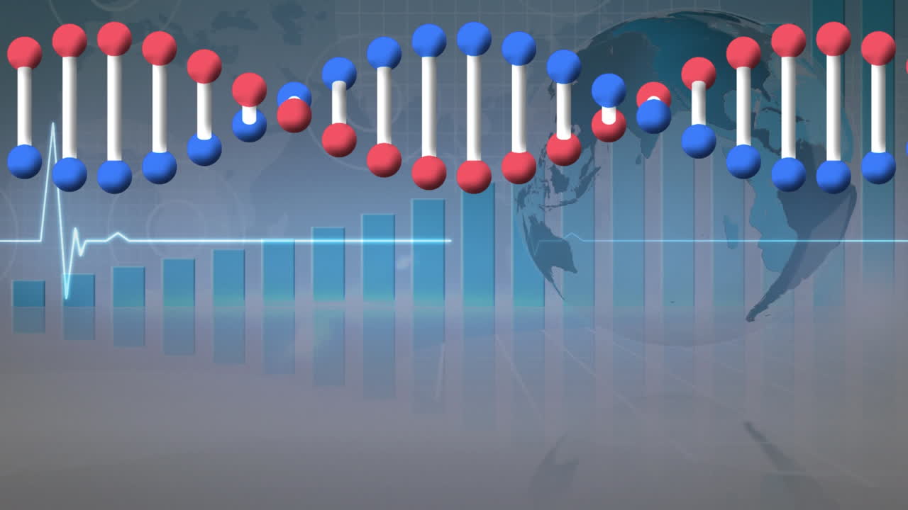 dna 구조가 회전하는 심박수 모니터 회전하는 지구를 회전하는 회색 보라색 배경에