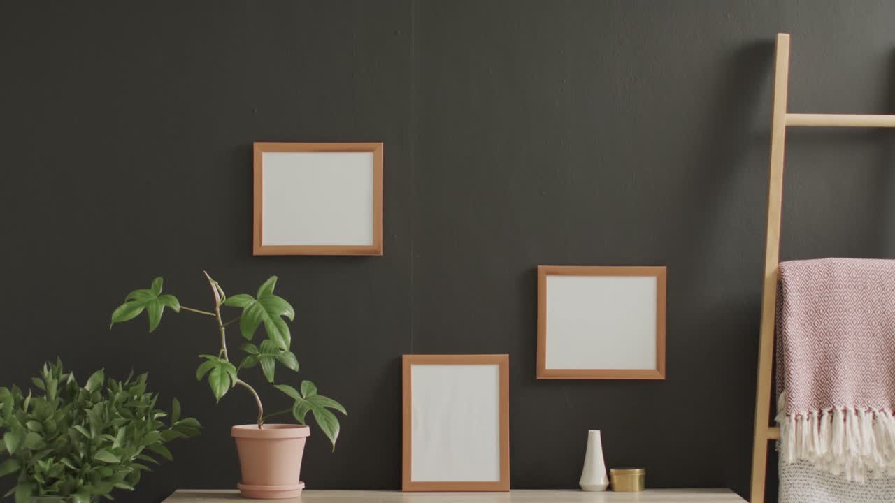 marco de madera con espacio de copia en fondo blanco con plantas en el escritorio contra la pared gris