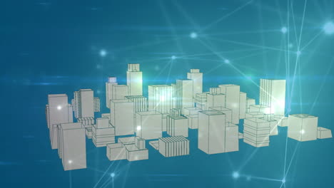 animation of network of connections over 3d cityscape spinning on blue background