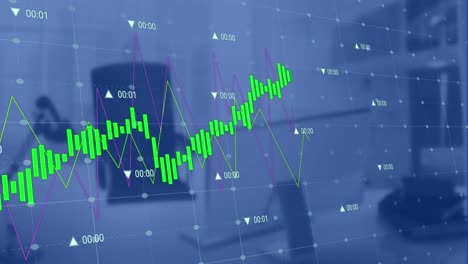 Animation-Von-Diagrammen-Mit-Wechselnden-Zahlen-über-Unbesetztem-Stuhl-Und-Schreibtisch-Auf-Dem-Schreibtisch-Im-Büro