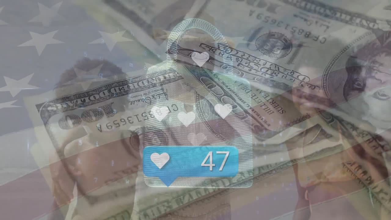 온라인 보안 락의 애니메이션, 미국 국기와 지폐 위에 아프리카계 미국인 가족