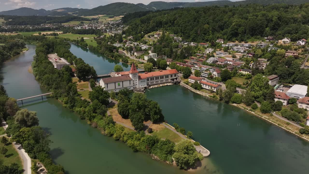 Aerial view of Aarau, Switzerland with rivers and lush greenery
