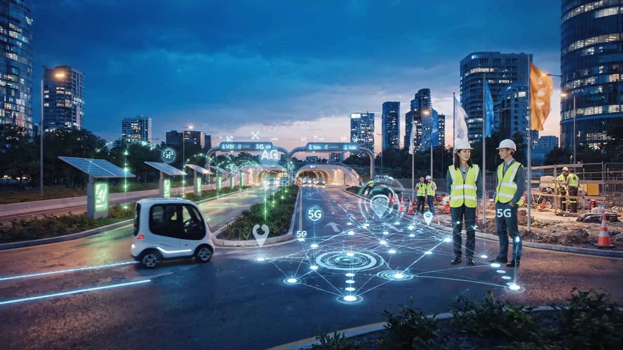 Futuristic Urban Intersection at Dusk Showcasing Smart City Infrastructure with 5G Connectivity and Autonomous Vehicles on a Busy Roadway