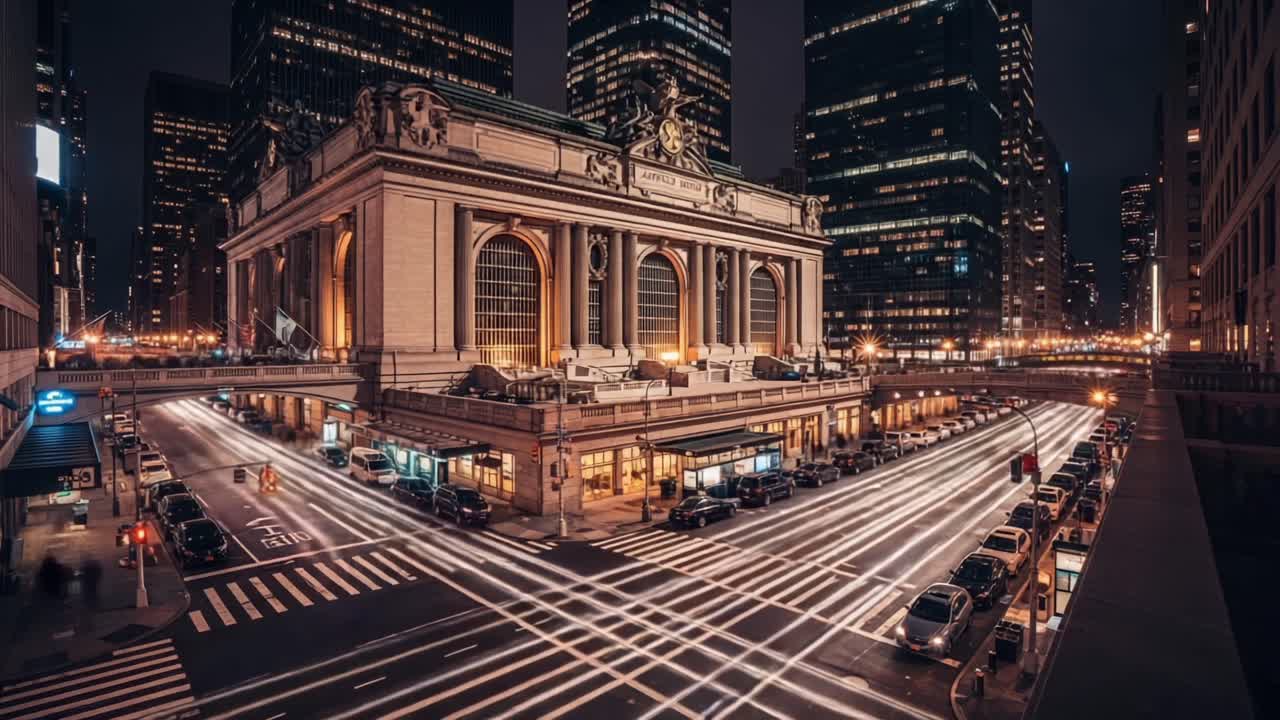 A Stunning Night View of an Iconic Architectural Marvel Surrounded by City Lights and Busy Traffic, Capturing the Energy of Urban Life and Modern Design