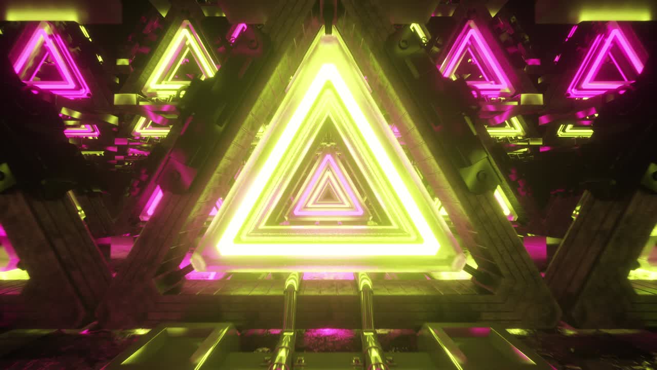 vuelo abstracto en metal corredor futurista con triángulos, bucle sin costuras fondo 4k, luz ultravioleta fluorescente, líneas de neón láser, túnel geométrico sin fin, espectro rosa amarillo, renderizado en 3d