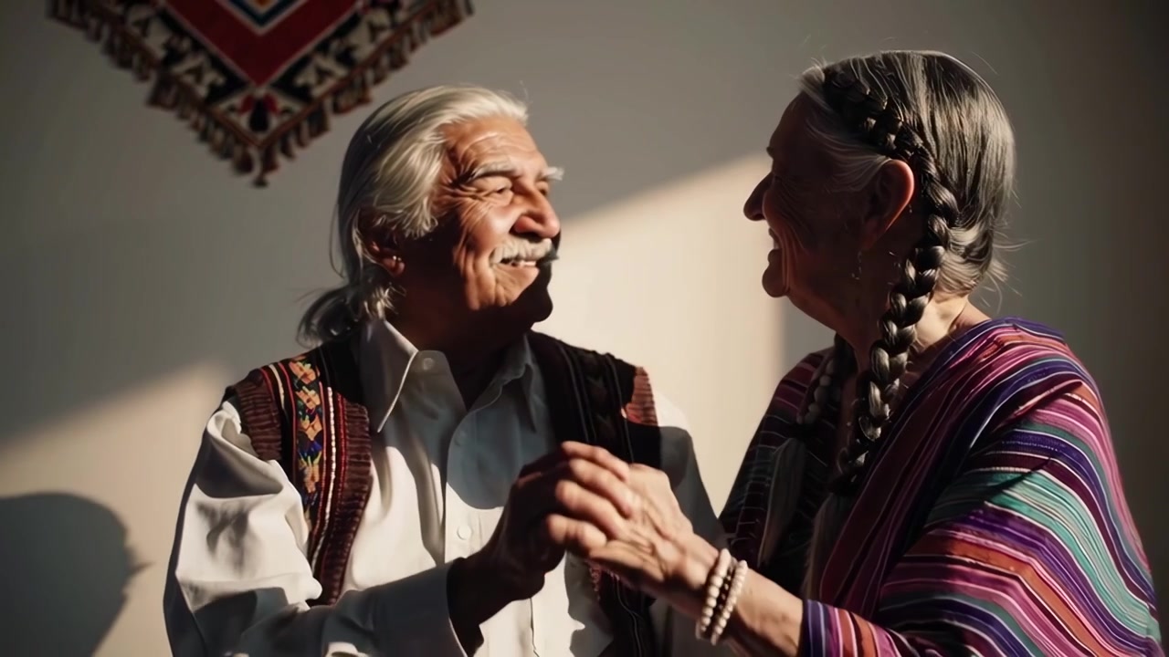 Affettuosa coppia anziana con i capelli bianchi che sorride e si tiene per mano