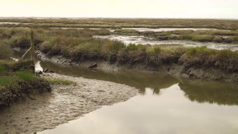 4k-Schlammiges-Flussbett-Bei-Ebbe-Mit-Etwas-Wasser,-Das-Den-Fluss-Hinunter-Zum-Ozean-Fließt