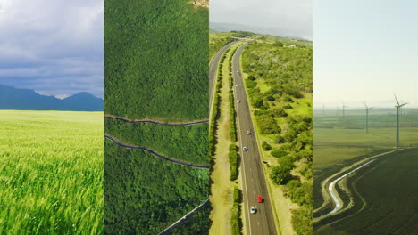 aerial view of a countryside with wind turbines, fields, and a highway