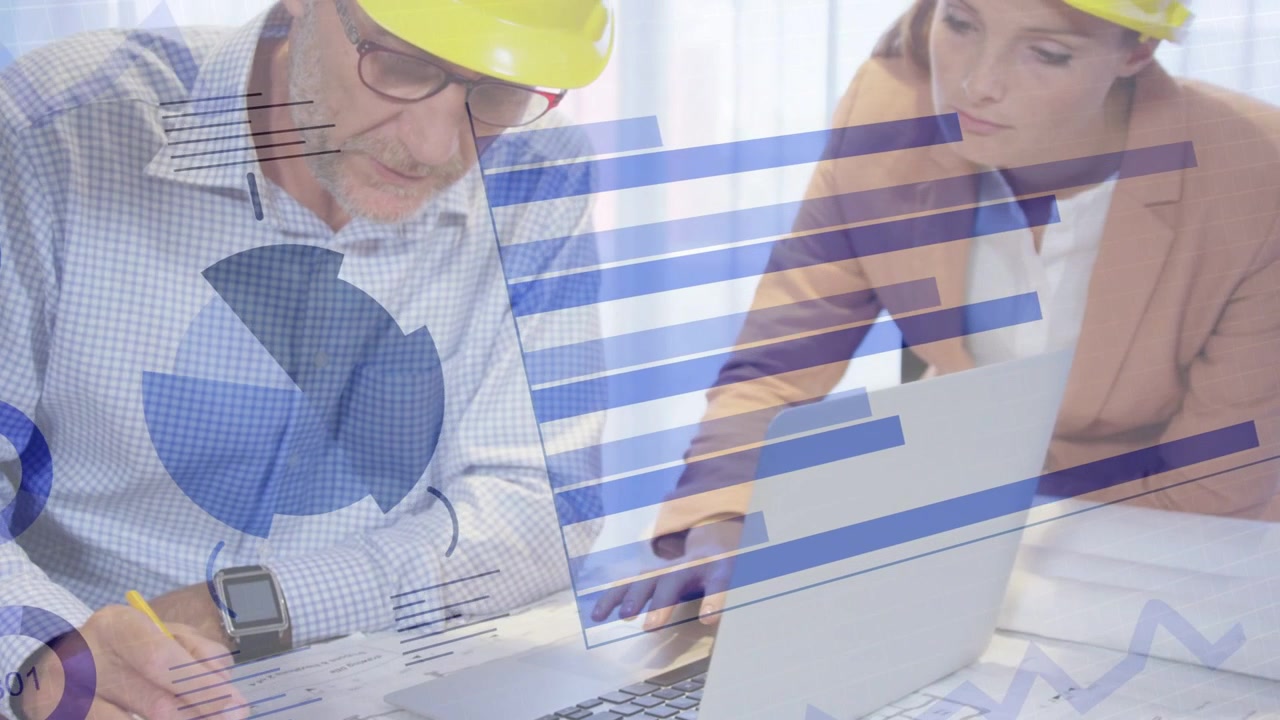 Male engineer marking plans, female PM tapping laptop, starting data charts guiding helmet donning