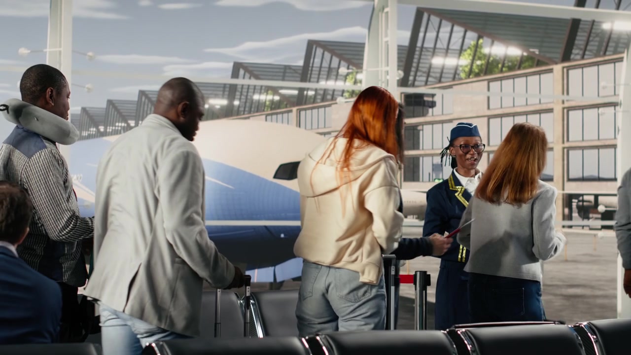 Smiling gate agent talking with tourists in airport, giving flight announcement