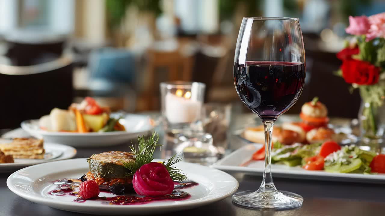 A Luxurious Dining Experience Featuring a Gourmet Dish with Wine, Accompanied by Appetizers and Beautiful Presentation that Captivates the Essence of Culinary Art and Elegant Ambiance