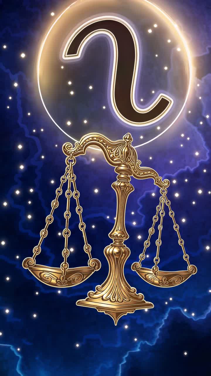 A celestial-themed video concept featuring a golden scale against a starry backdrop