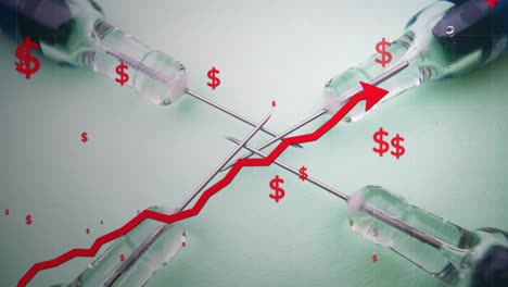 flecha roja y signos de dólar con jeringas en el fondo