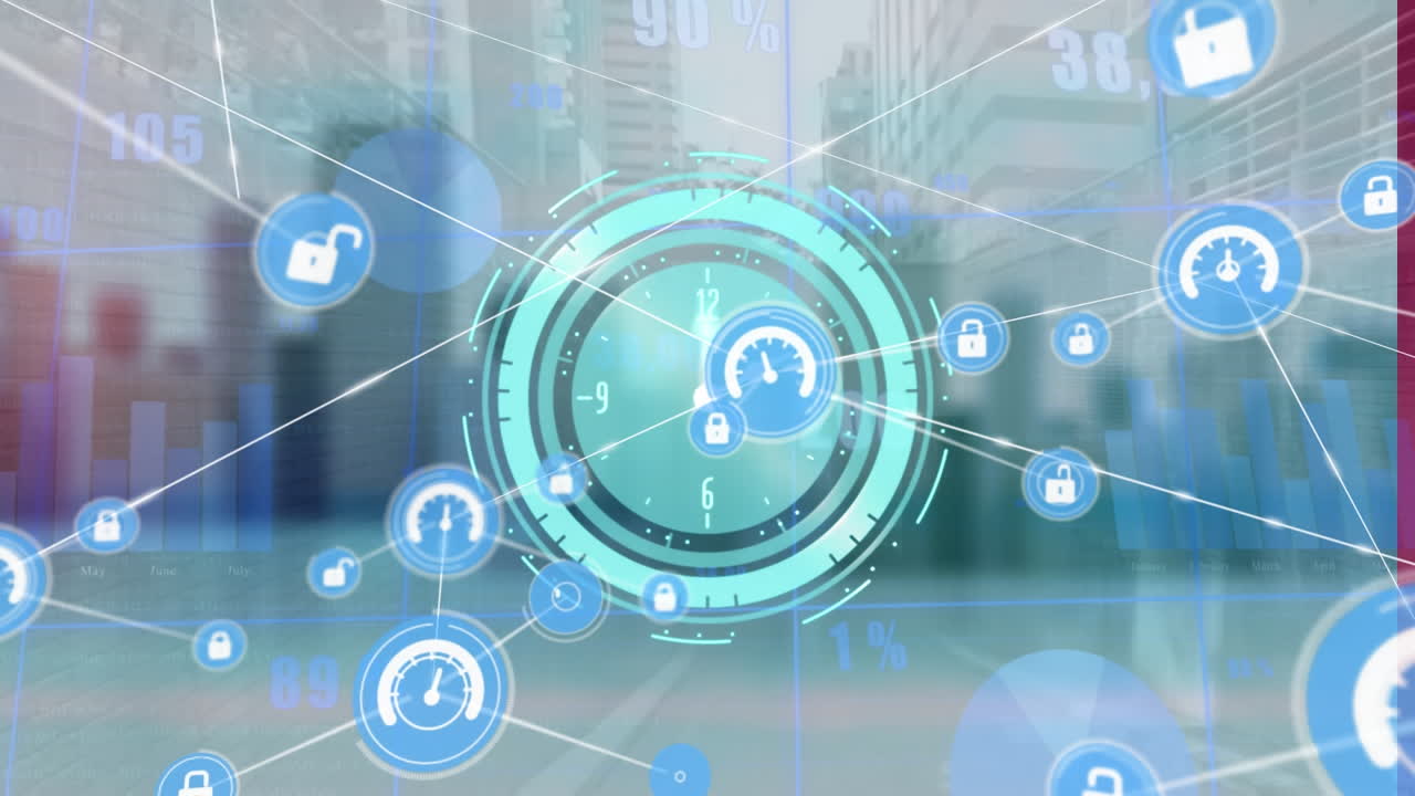 Animation of network of digital icons, changing numbers and neon ticking clock over tall buildings