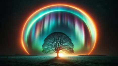 majestic tree under a colorful aurora borealis
