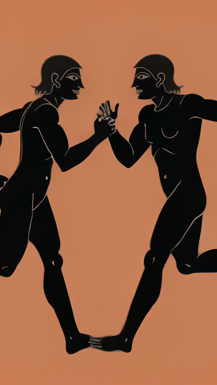 Vertical video: Emerging two figures clasping hands, hugging and walking on terracotta in greeting
