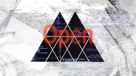 Animation-of-open-text-in-red-neon-and-triangle-cut-outs-in-dirty-white-paper,-over-processing-data
