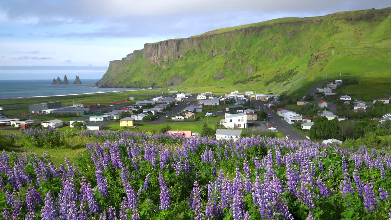 여름에 아이슬란드의 아름다운 도시인 비크 이 미르달.
