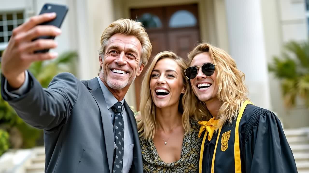 A man taking a selfie with two women and a man in a graduation gown