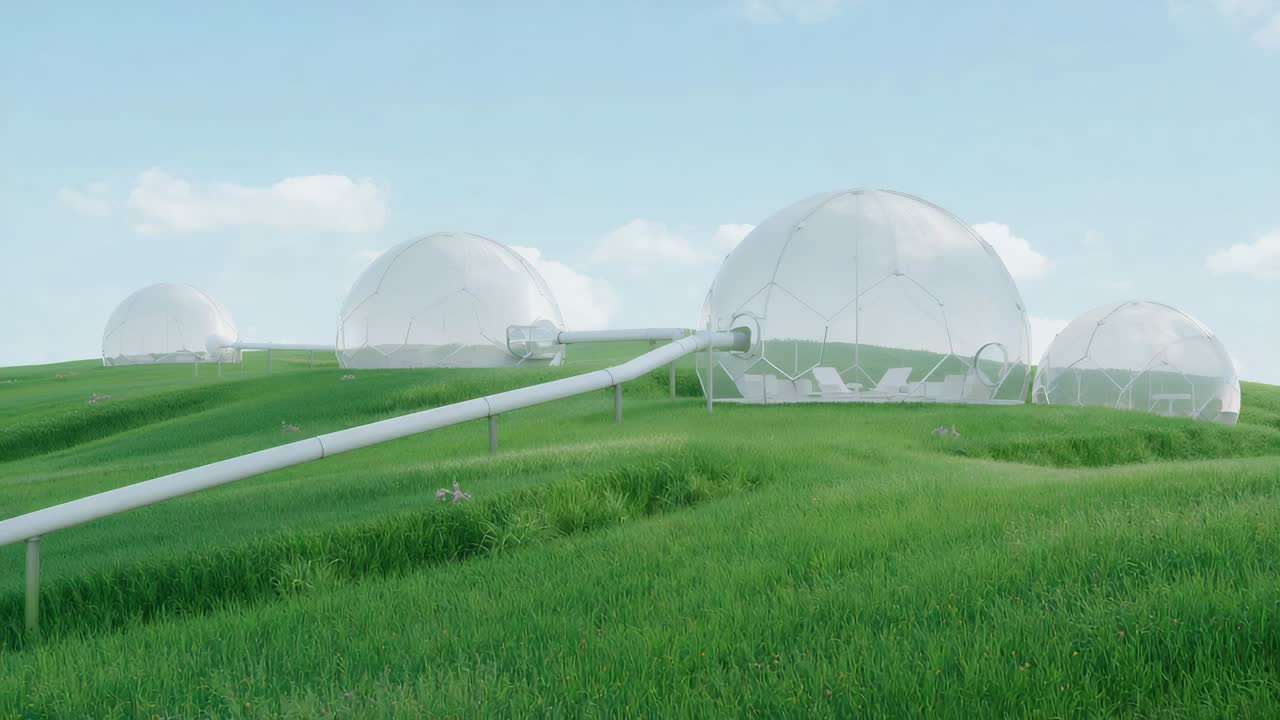 Moving camera revealing clear domes on lush hills, showing pipe and lounge seating in central dome