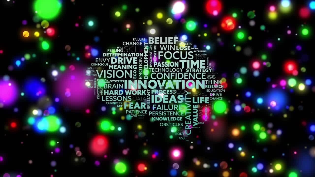 Dots drifting, revealing Halloween stencil, forming motivating word cloud, fading back into dots