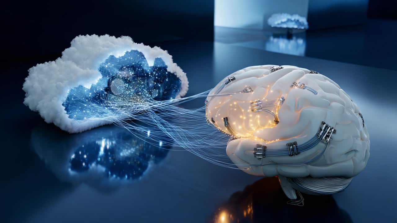 A surreal depiction of a human brain intertwined with a cloud of digital data, symbolizing the intersection of thought and technology, showcasing vibrant energy pathways connecting cognitive processes with virtual realities