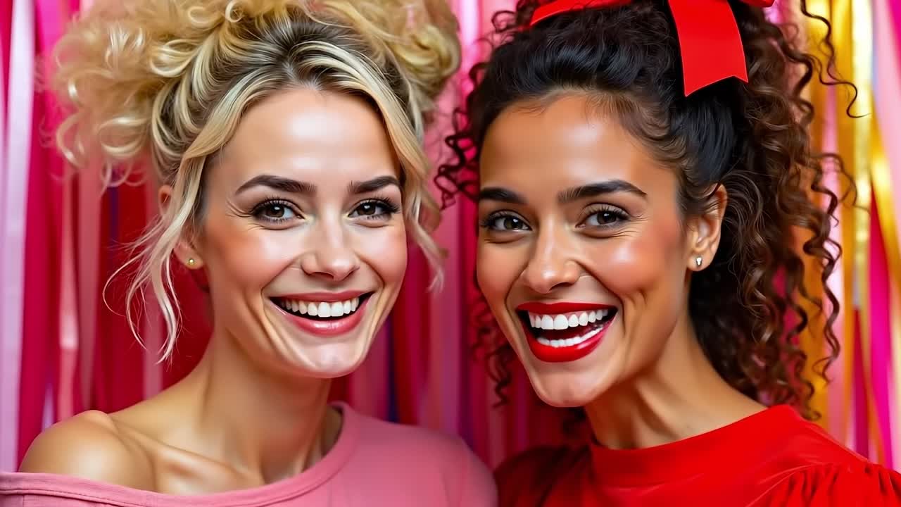 Two women posing for a photo in front of a colorful backdrop