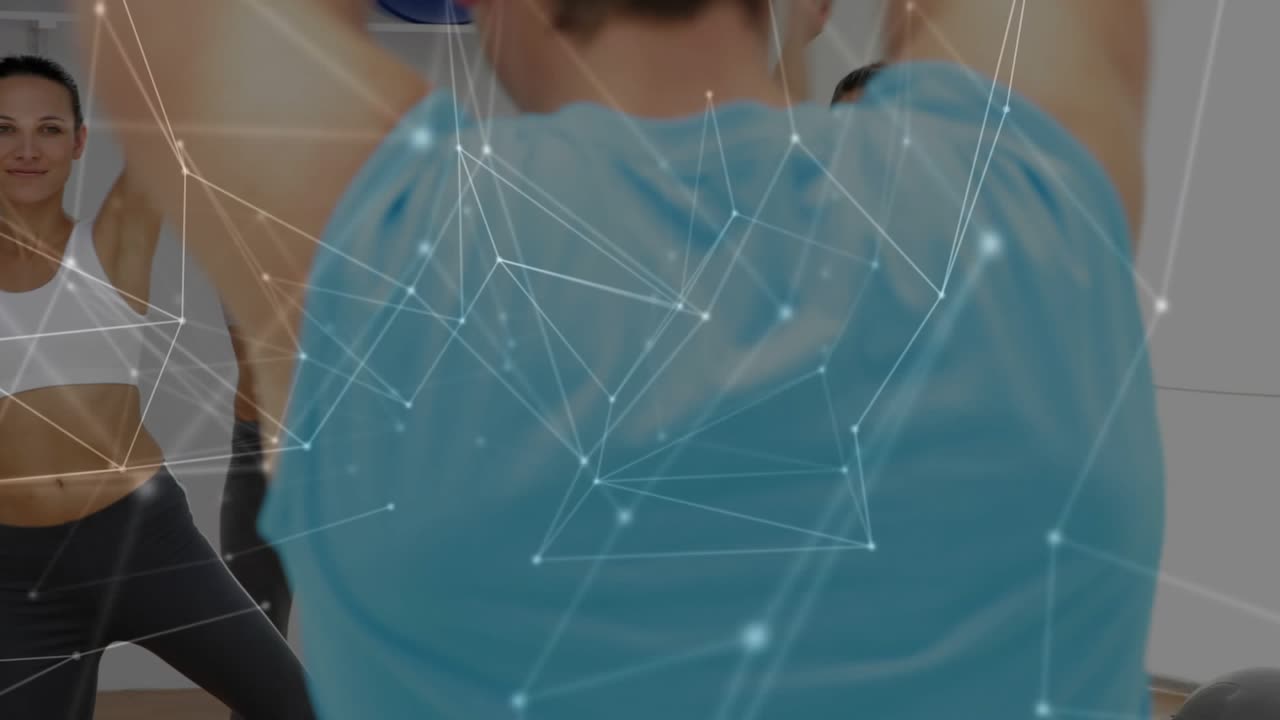 Coach raising arms signaling start, women copying side lifts for fitness, network overlay covering