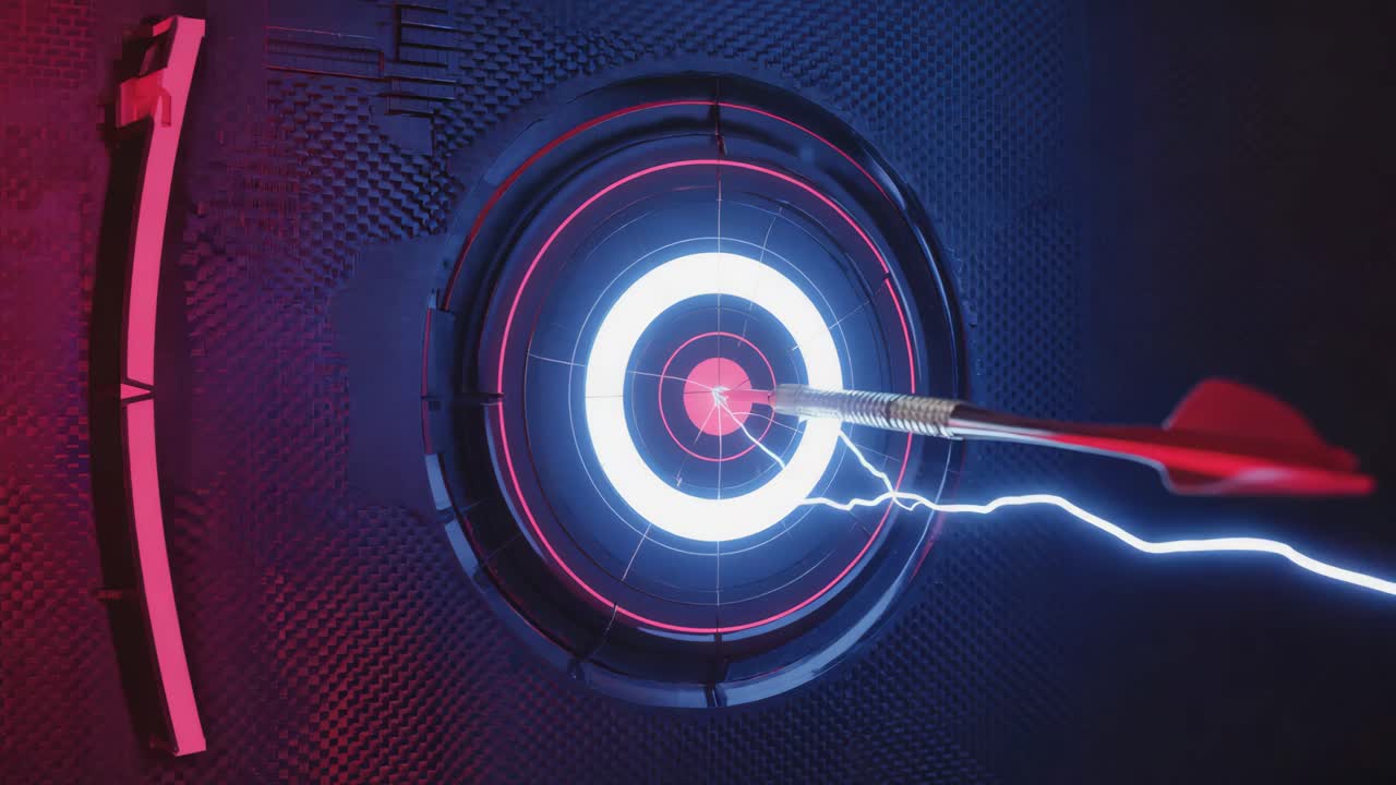 Dart hitting bullseye on a futuristic neon target