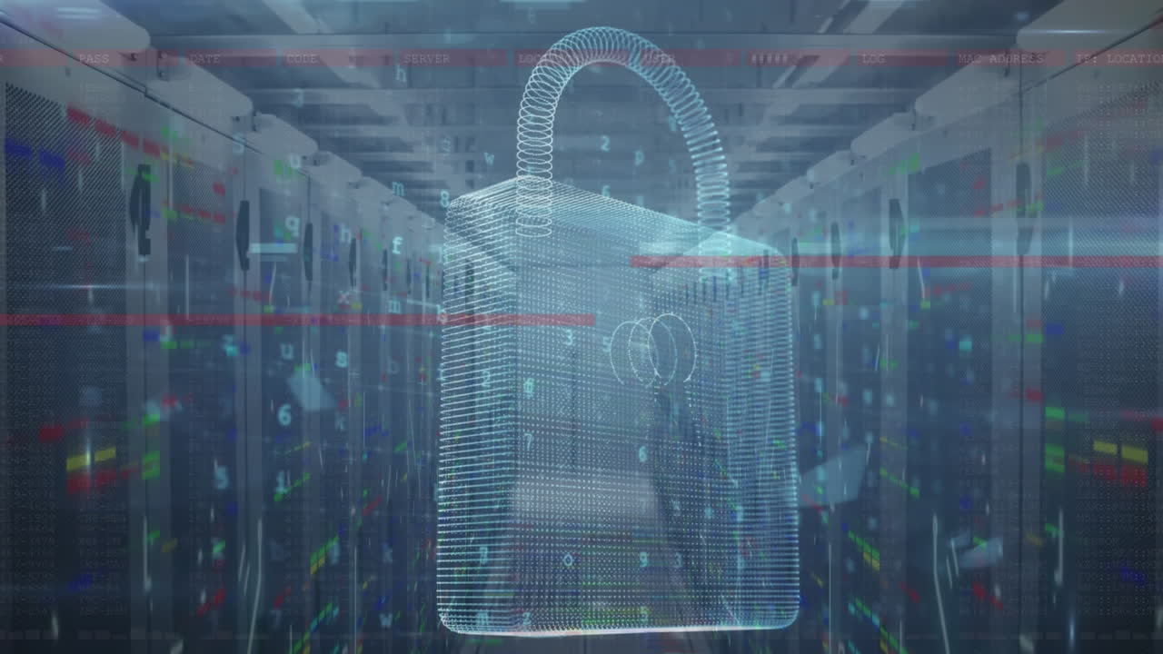 animación del icono de candado de seguridad, onda digital y cuadrados de mosaico contra la sala de servidores de computadora