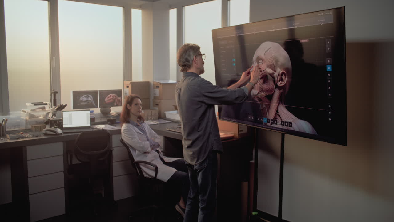profesionales médicos estudiando la anatomía humana en una gran pantalla