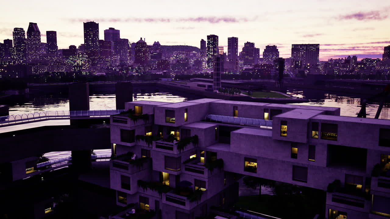 A stunning city skyline glows at twilight with bright lights