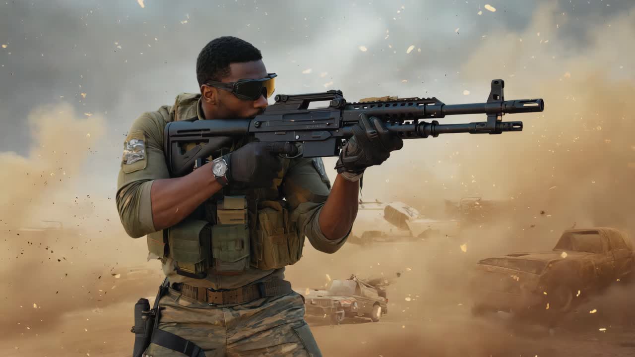 Soldier in Combat Zone with Rifle