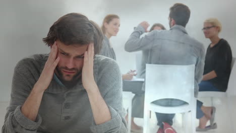 composite video of thunderstorm in dark sky against stressed caucasian man at office