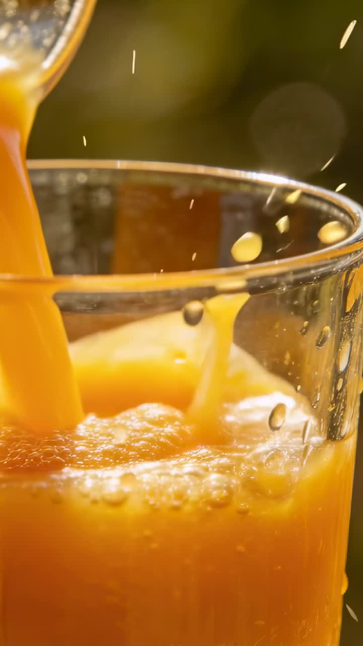 Video verticale: Primo piano di una brocca che versa succo d'arancia in un bicchiere trasparente, riempiendolo e creando schiuma.