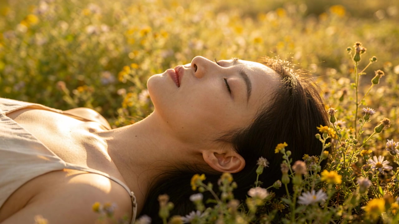 La telecamera si avvicina, riprendendo una donna asiatica che si rilassa in un prato, tra fiori selvatici, con un vestito leggero.