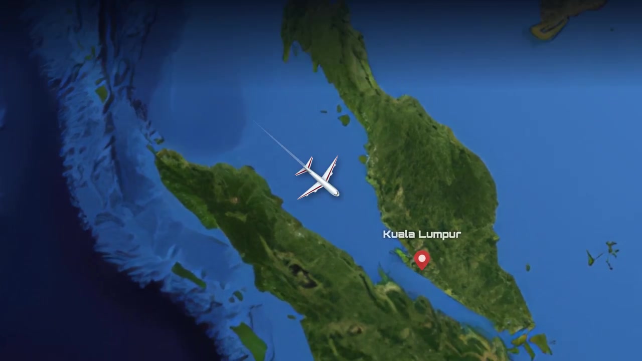 マドリードから大陸を横断しクアラルンプールへ向かう民間航空機の飛行を追跡する衛星ビューアニメーション