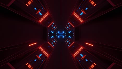 travel forward through red and blue space hangar tunnel into distance 3d