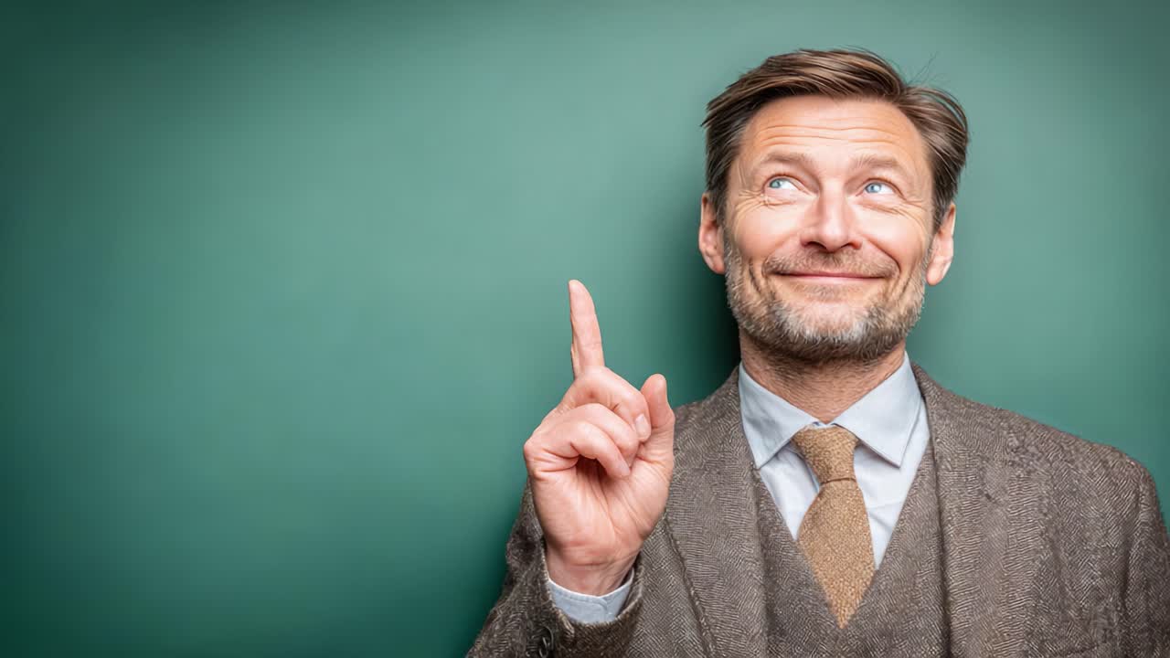 Un professionista con un'espressione pensierosa gesticola verso l'alto, simboleggiando idee, creatività o ispirazione su uno sfondo verde unito.