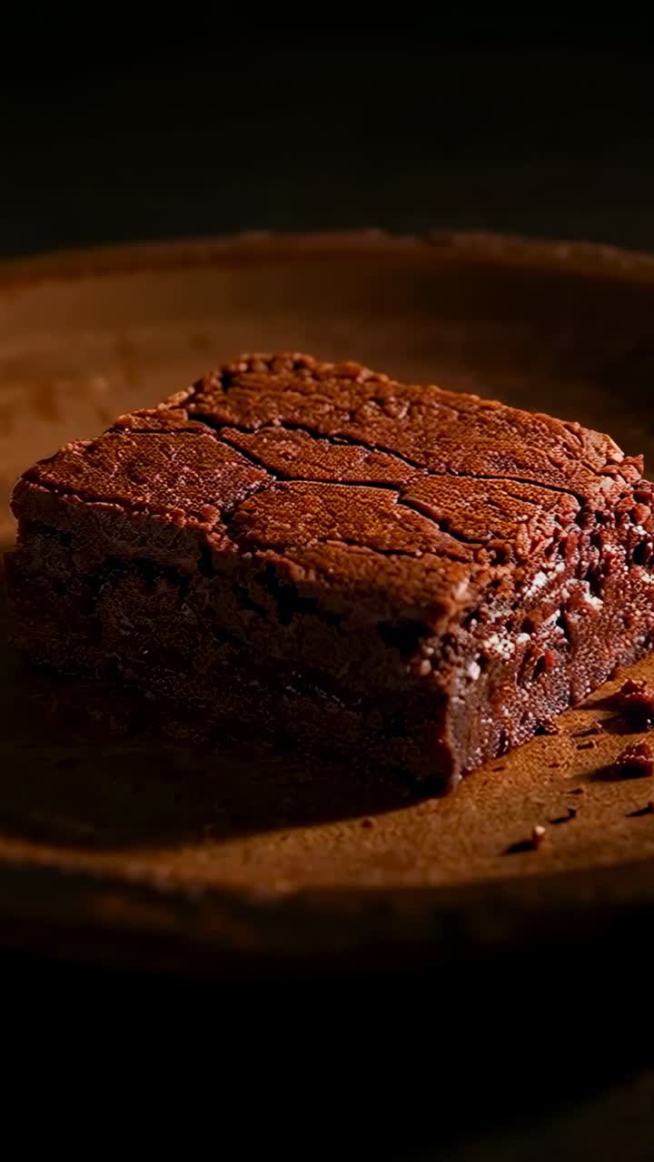 Video verticale: luce mutevole che rivela un brownie centrato su un piatto rustico, mettendo in risalto la parte superiore screpolata