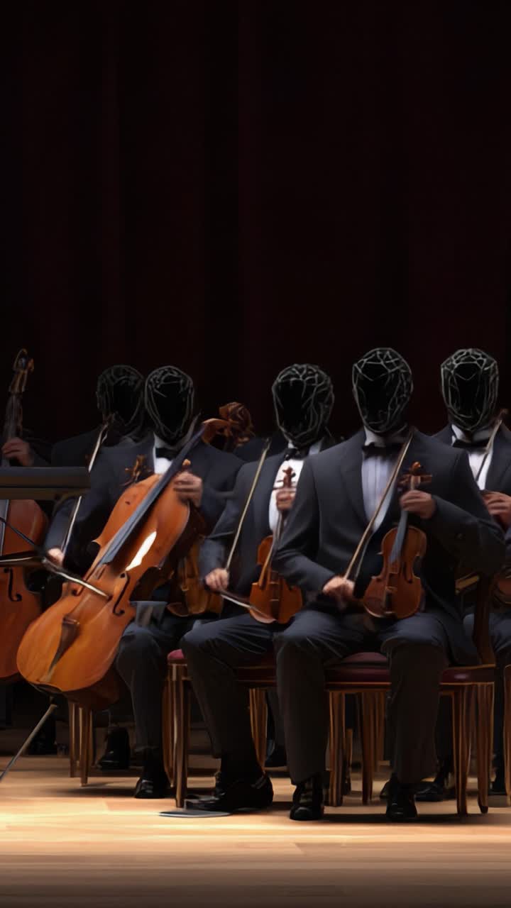 Una performance orchestrale inquietante con musicisti che indossano maschere astratte, che mostra una fusione di musica classica e arte moderna in un'ambientazione accattivante e insolita